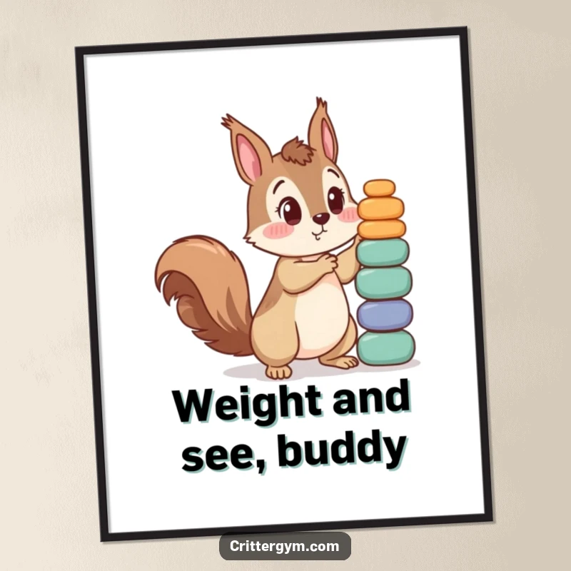 Funny Free Printable Wall Art: Squirrel character comically attempting to lift an enormous stack of tiny weights, looking hilariously surprised and determined.
