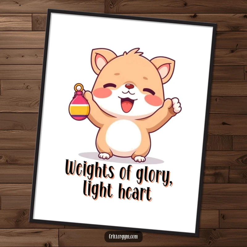 Funny Free Printable Wall Art: A cute creature cheers, holding a tiny colorful weight with both paws.