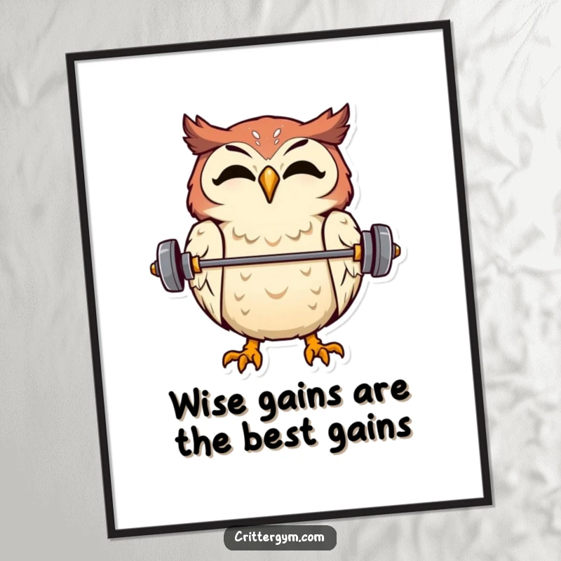 Funny Free Printable Wall Art: An overjoyed owl with intense focus balances a small barbell on its beak. Whimsical decor.