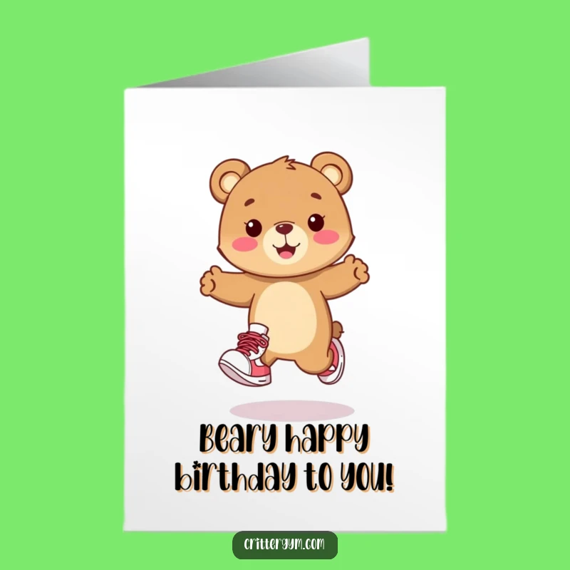 Free Printable Birthday Card: Happy Bear Cub Hopping, Joyful Downloadable Gift for Celebration!