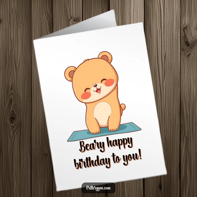 Funny Free Printable Birthday Card: Giggling bear cub balances precariously on a yoga mat in a handstand.