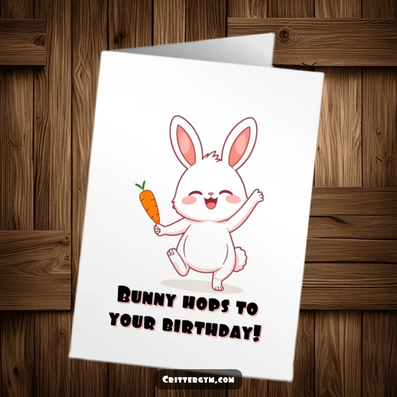 Funny Free Printable Birthday Card: A fluffy bunny in a yoga pose balancing a carrot, ready to send birthday cheer.