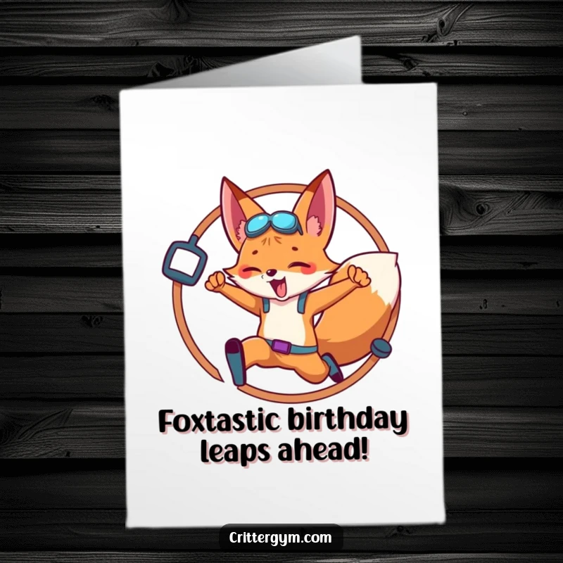 Funny Free Printable Birthday Card: Energetic fox leaping through a gym equipment hoop, celebrating with athletic flair.