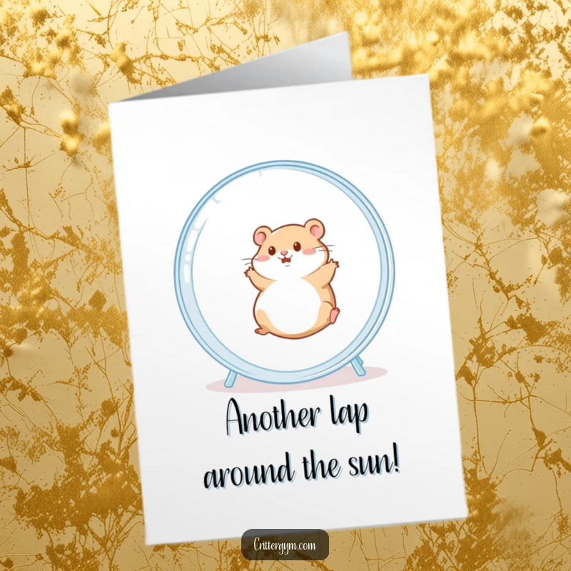 Funny Free Printable Birthday Card: Chubby hamster comically spinning in a giant clear wheel, spreading joy and laughter. Perfect for a DIY gift.