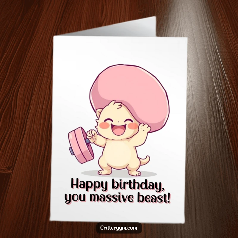 Funny Free Printable Birthday Card: Cute creature straining to lift an enormous, floppy weight, with a determined grin.