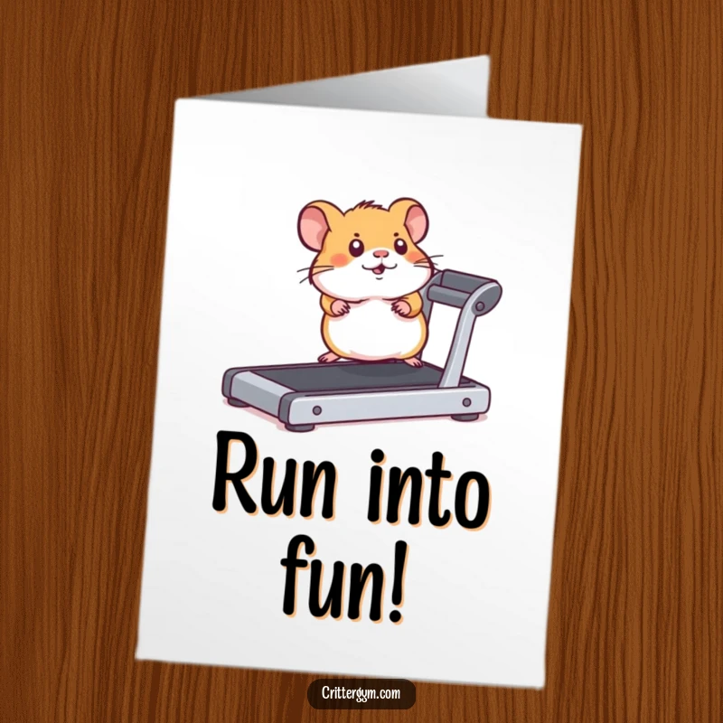 Funny Free Printable Birthday Card: Energetic hamster stretching hard on a tiny treadmill, birthday motivation.