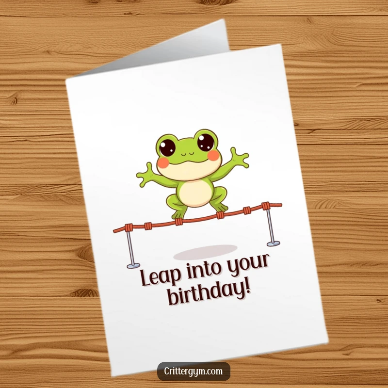 Funny Free Printable Birthday Card: A happy frog leaps over jump ropes with wide, excited eyes, celebrating joyfully.