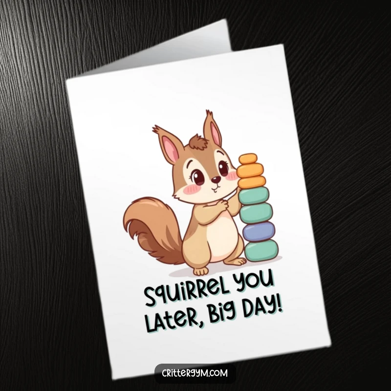Funny Free Printable Birthday Card: Curious squirrel struggling comically with a huge stack of tiny weights, looking utterly surprised and amused.