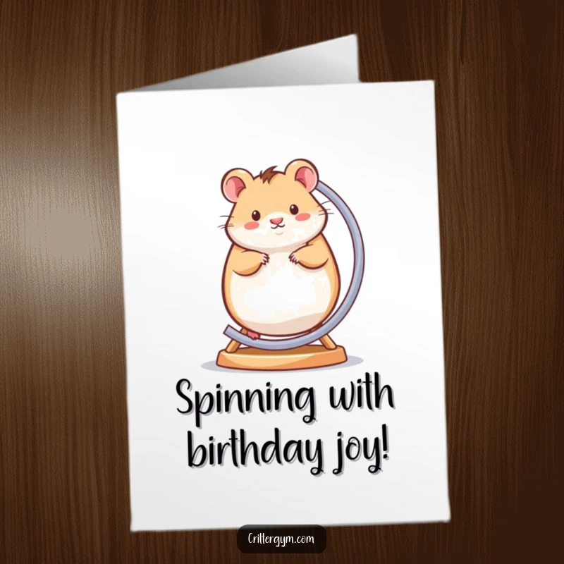 Funny Free Printable Birthday Card: A round hamster happily spinning rapidly on a miniature exercise wheel, full of zest.
