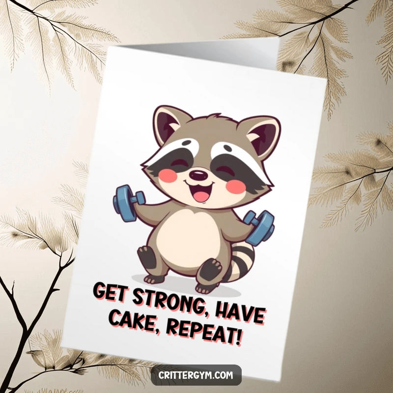 Funny Free Printable Birthday Card: Giggling Kawaii raccoon lifting small barbells, a strong downloadable gift.