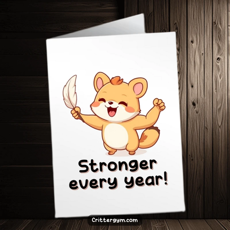 Funny Free Printable Birthday Card: A small animal character joyfully flexing a tiny, muscular arm after lifting a single feather.