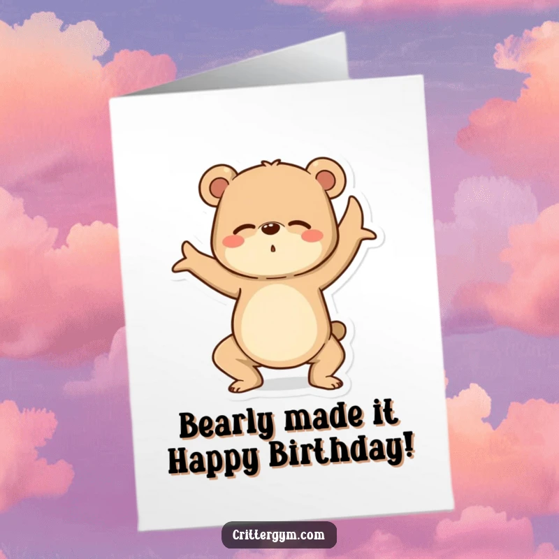 Funny Free Printable Birthday Card: A determined bear wobbling precariously while attempting a difficult yoga pose, arms flailing.
