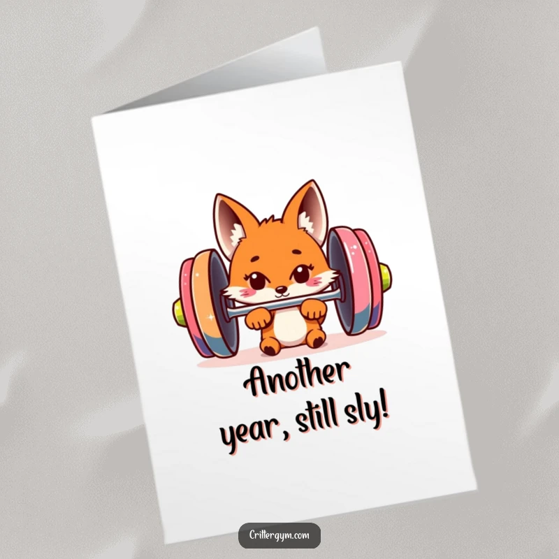 Funny Free Printable Fox Birthday Card: A curious fox peeks from behind a giant barbell, wishing a strong birthday.
