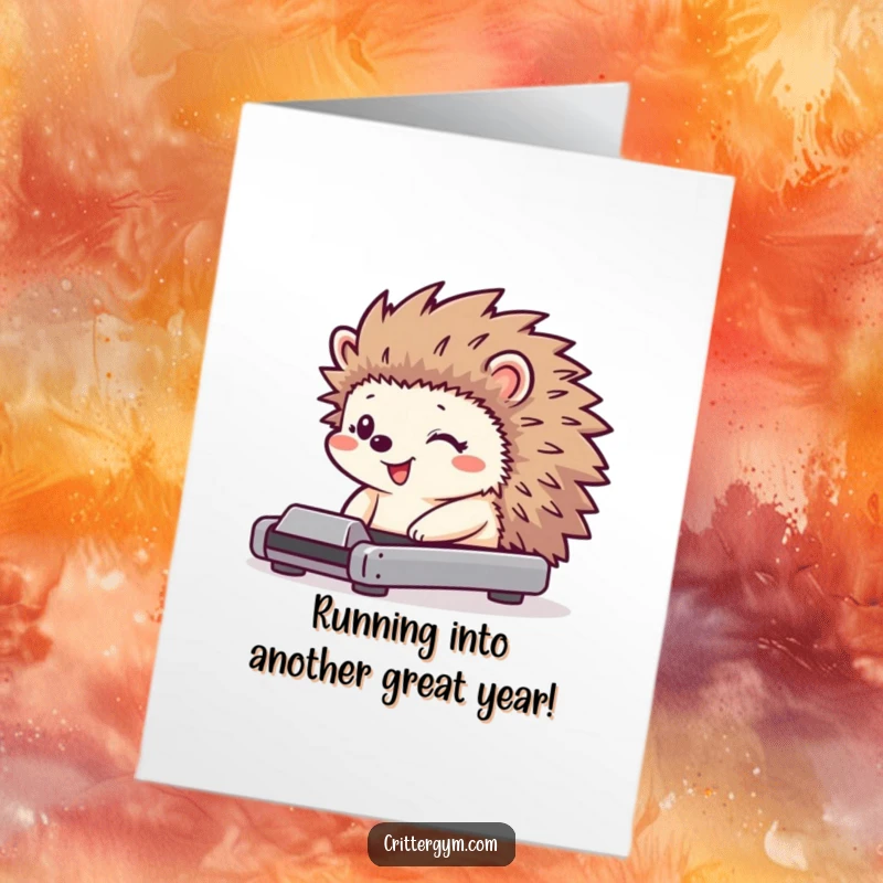 Funny Free Printable Birthday Card: Tiny hedgehog on treadmill, huge grin, quills jiggling, exercising happily.