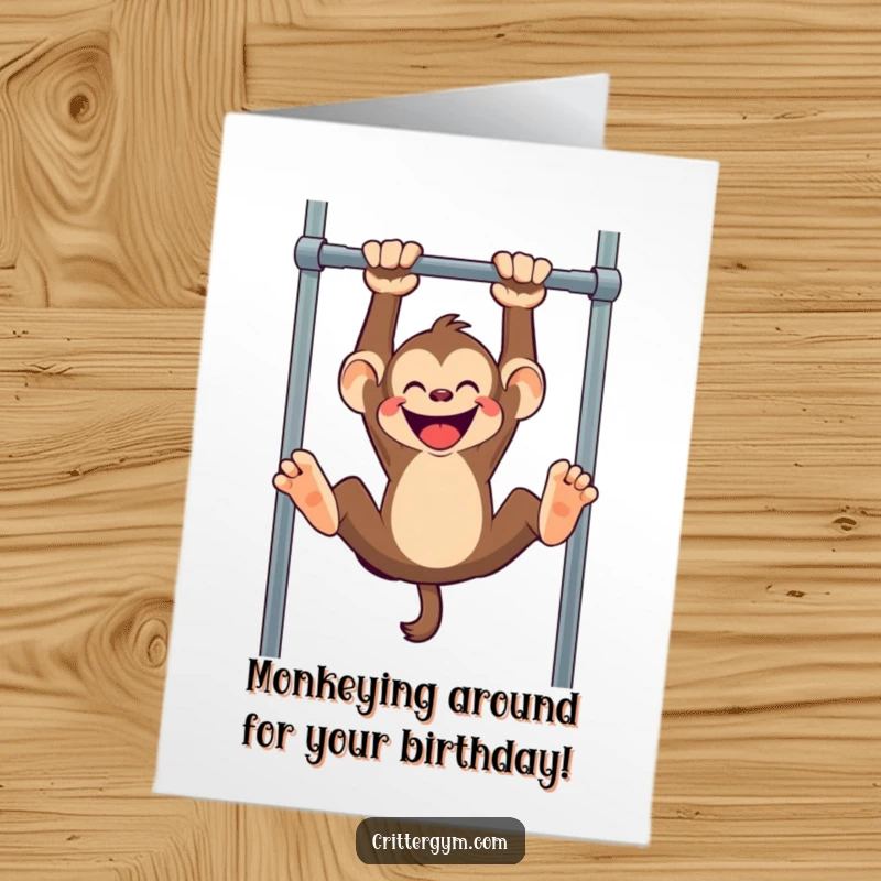 Funny Free Printable Monkey Birthday Card shows a mischievous monkey gleefully hanging upside down from a pull-up bar, full of fun.