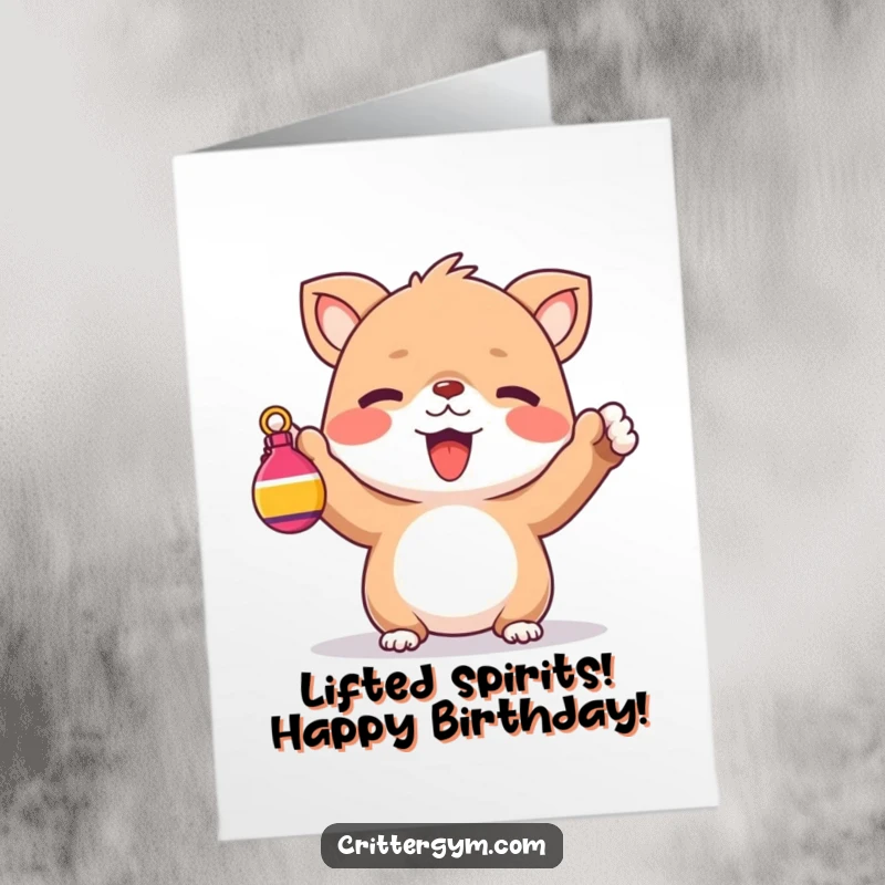 Funny Free Printable Birthday Card: A cute creature cheers, holding a tiny colorful weight happily.