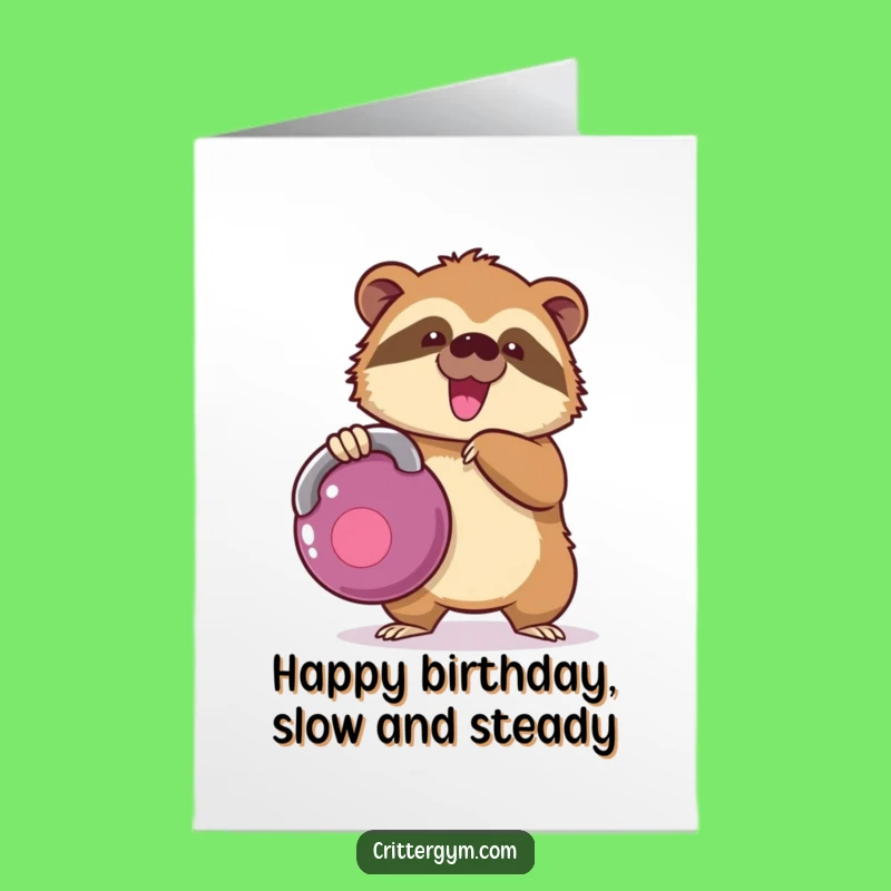 Funny Free Printable Birthday Card: Sloth Kettlebell Struggle, Downloadable Gym Humour Gift