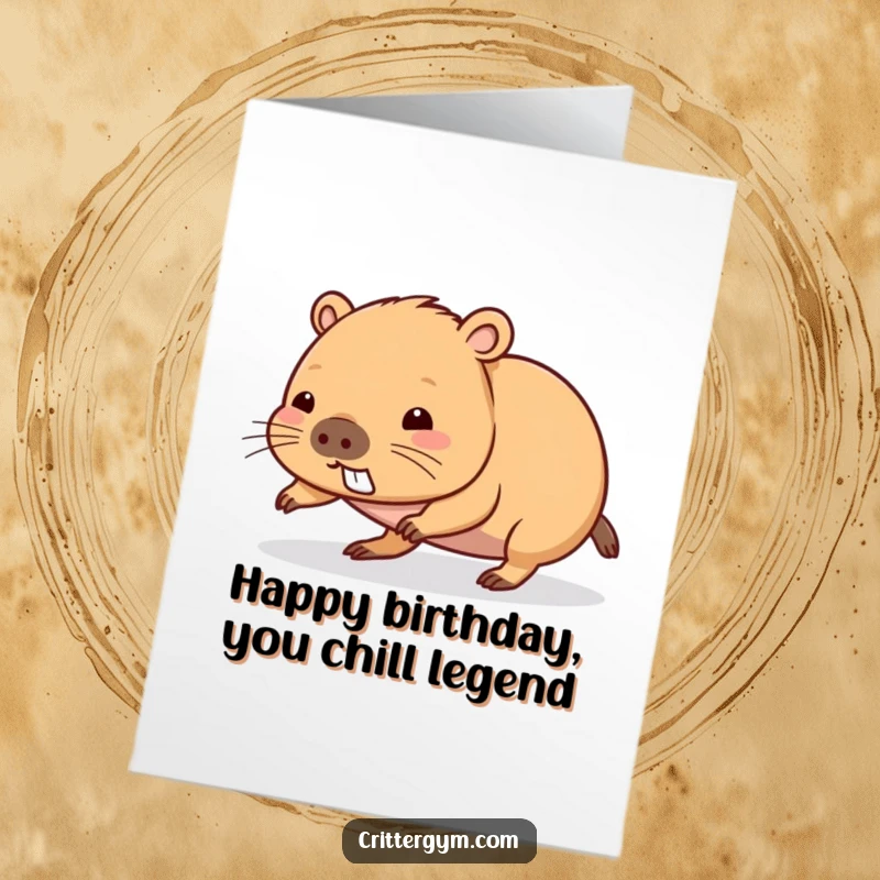 Funny Free Printable Birthday Card: A Kawaii capybara straining with all its might to complete a single push-up, a humorous wish.