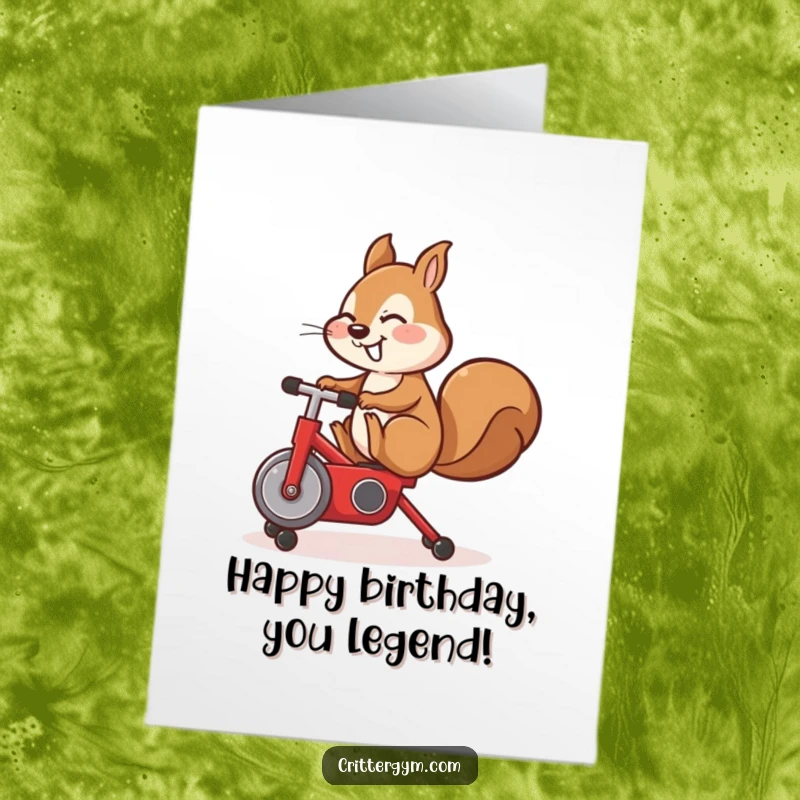 Funny Free Printable Birthday Card: Cute squirrel character joyfully leg kicks while riding a small red exercise bike.
