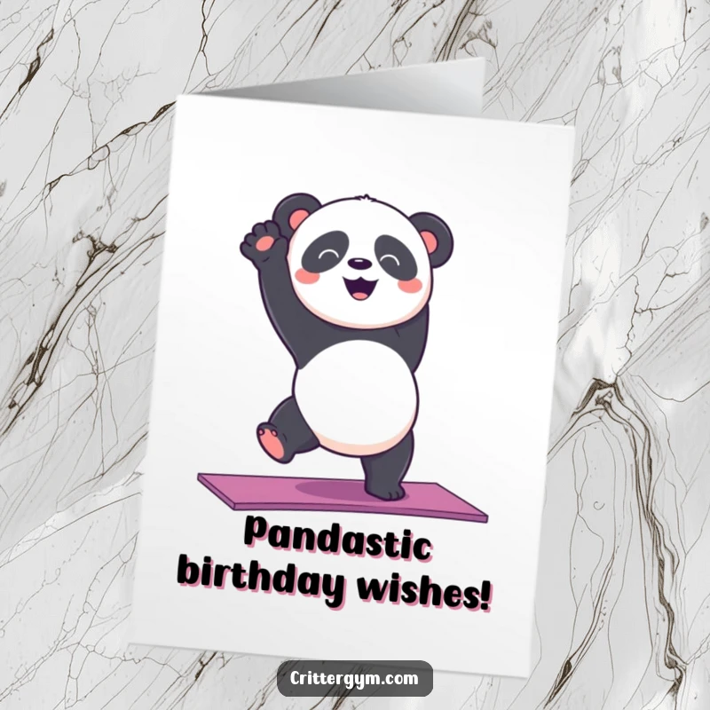 Funny Free Printable Birthday Card: Panda doing a wobbly handstand on a yoga mat, pure birthday cheer.