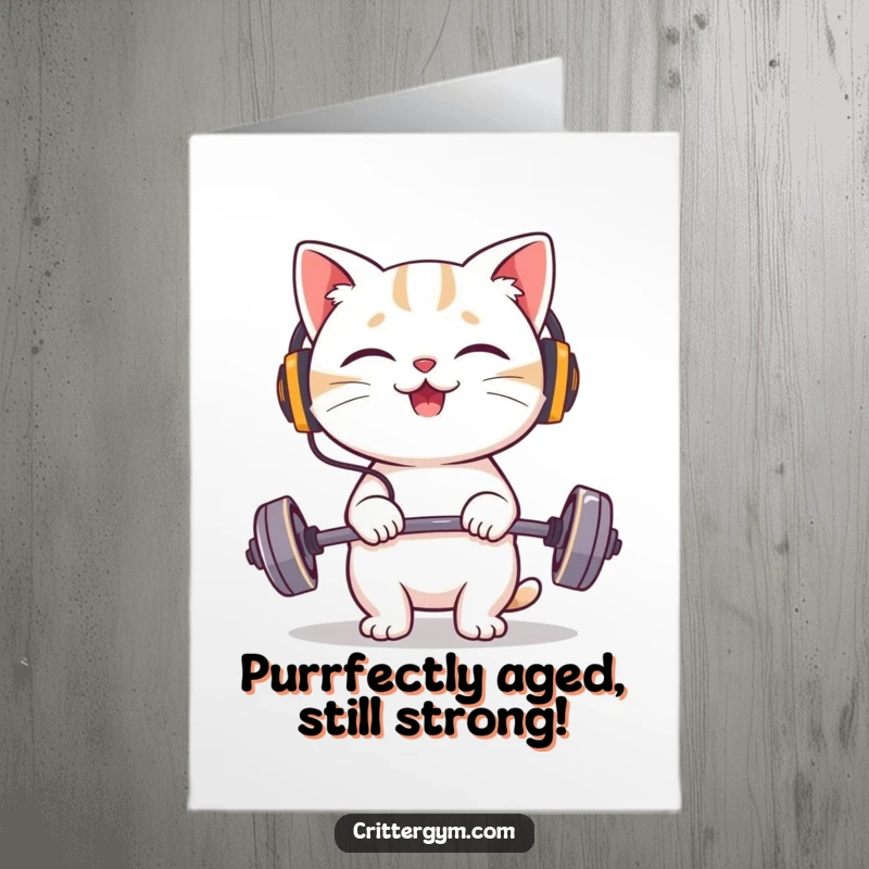 Funny Free Printable Birthday Card: Giggling cat in headphones lifts tiny barbell, strong and happy.