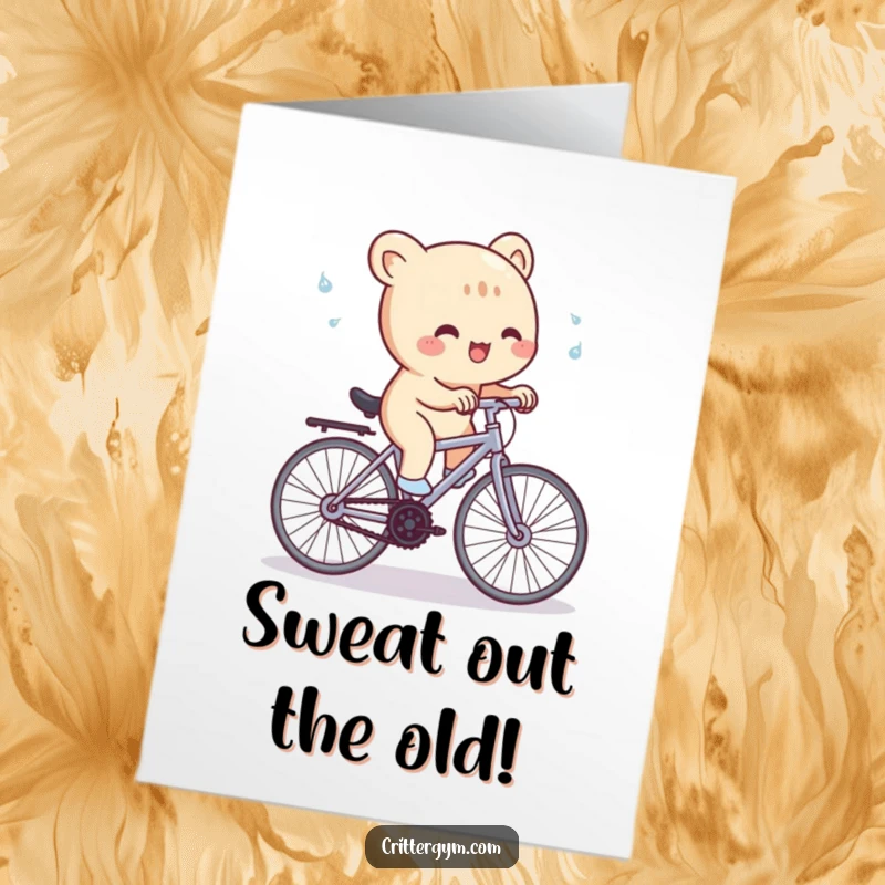 Funny Free Printable Birthday Card: A cute creature gleefully pedaling a tiny stationary bike, with sweat droplets flying from the effort.