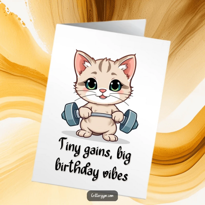 Funny Free Printable Kitten Birthday Card: Muscular kitten posing after lifting tiny weights, wearing a birthday hat, celebrating fitness.