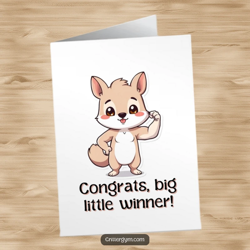 Funny Free Printable Congratulations Card: Tiny animal beaming with pride while flexing an amusingly small bicep, celebrating victory.