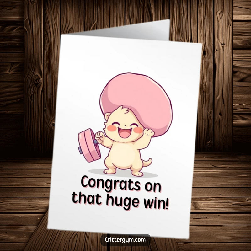 Funny Free Printable Congratulations Card: Creature joyfully attempting to lift a ridiculously oversized, squishy weight, celebrating victory.
