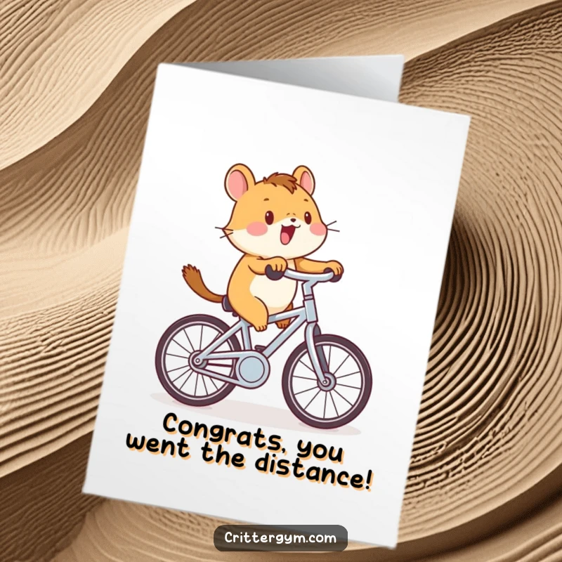 Funny Free Printable Congratulations Card: Energetic critter joyfully pedaling a miniature stationary bike, symbolizing forward momentum.