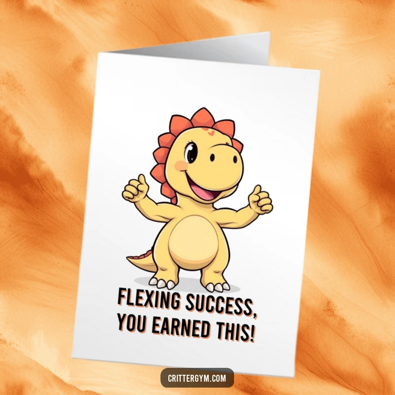 Funny Free Printable Congratulations Card: Joyful Dinosaur proudly flexing tiny biceps, celebrating success with a wide grin.