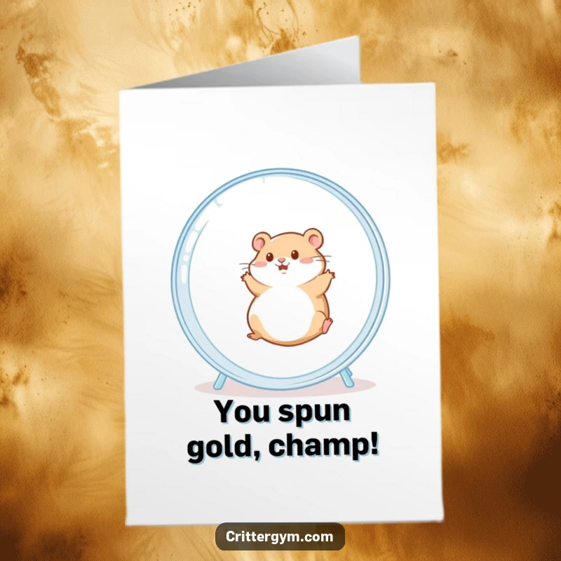 Funny Free Printable Congratulations Card: Chubby hamster gleefully rolling in a hamster wheel, celebrating success. Ideal for DIY gifting.
