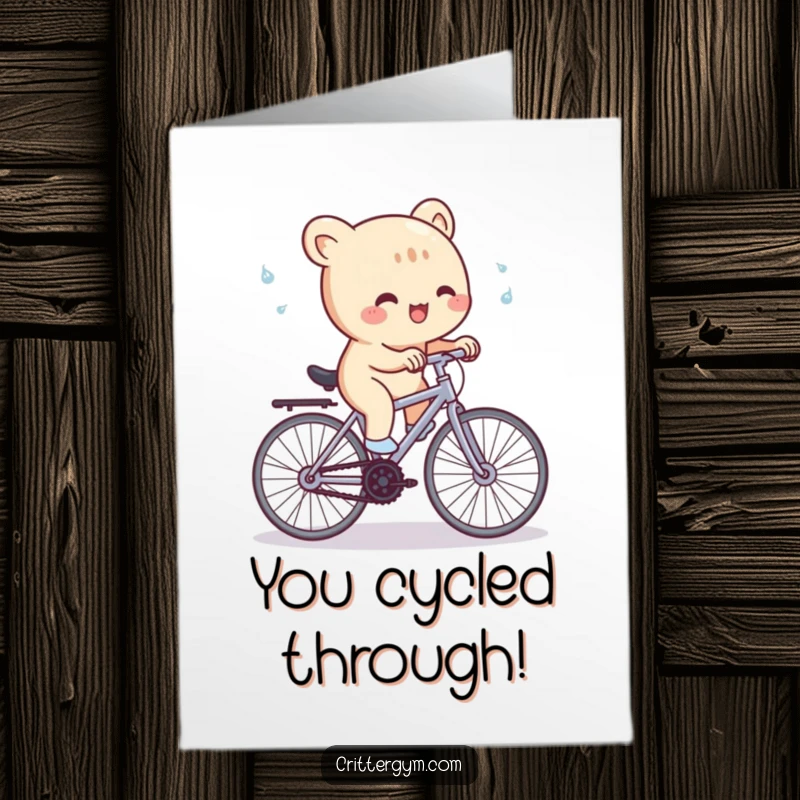Funny Free Printable Congrats Card: Cute creature pedaling a minuscule stationary bicycle with glee, celebrating a hard-earned win.