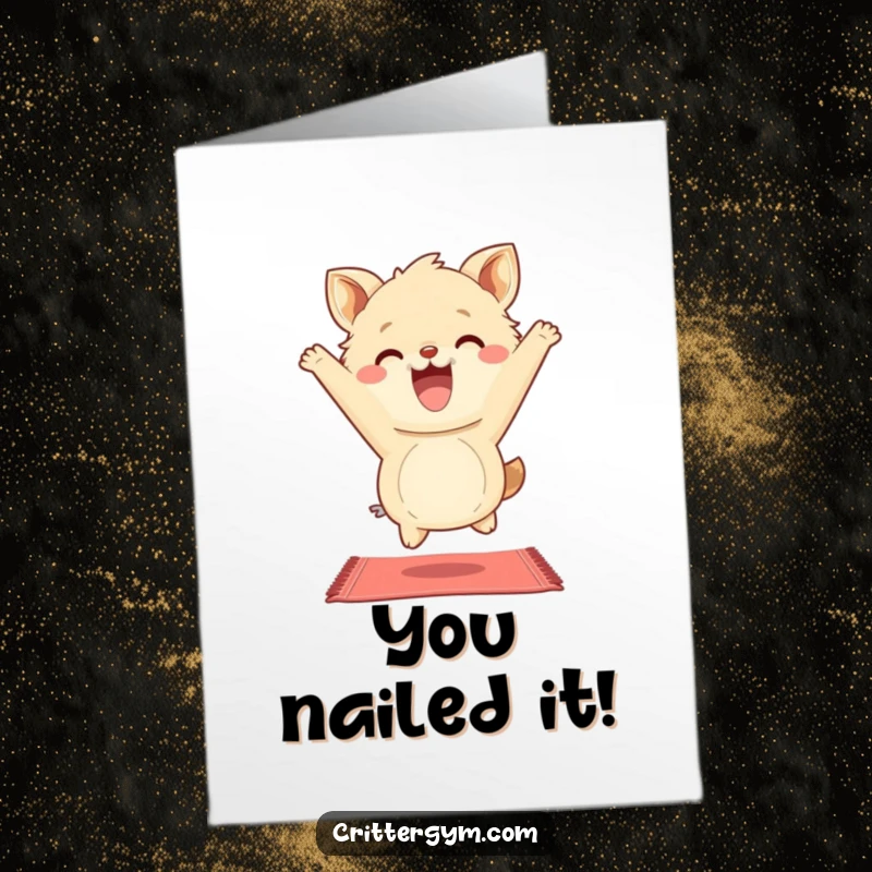 Funny Free Printable Congrats Card: Fluffy animal character joyfully bouncing on a miniature yoga mat, celebrating success with a big grin.