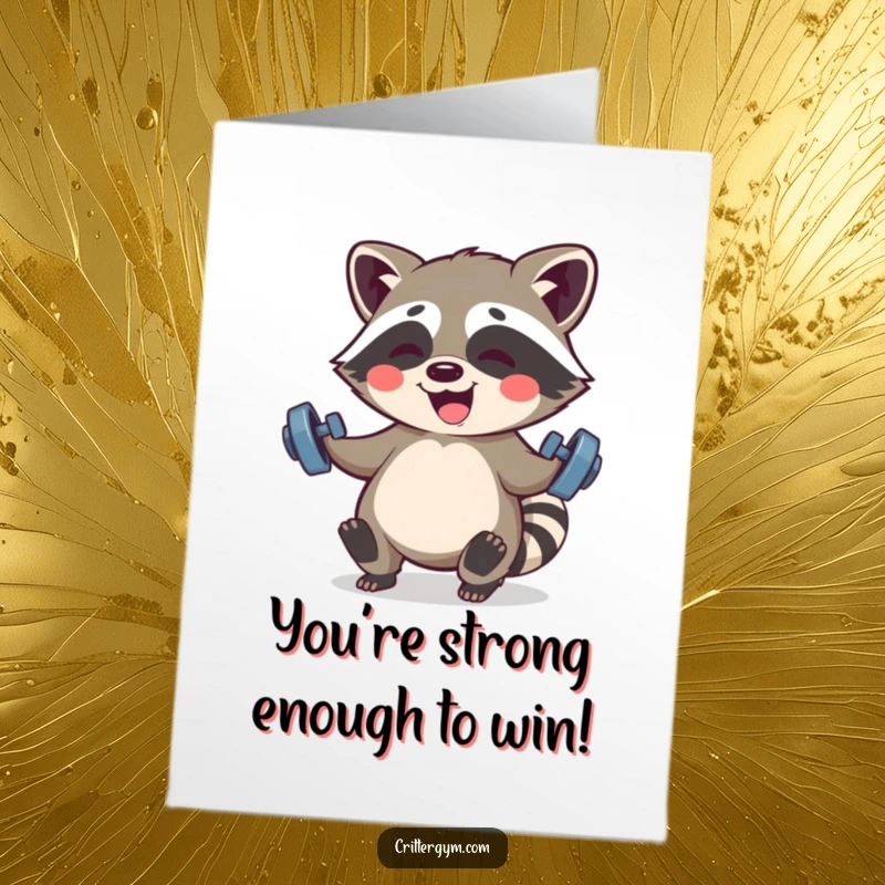 Funny Free Printable Congratulations Card: Kawaii raccoon giggling while lifting barbells, a strong downloadable gift.