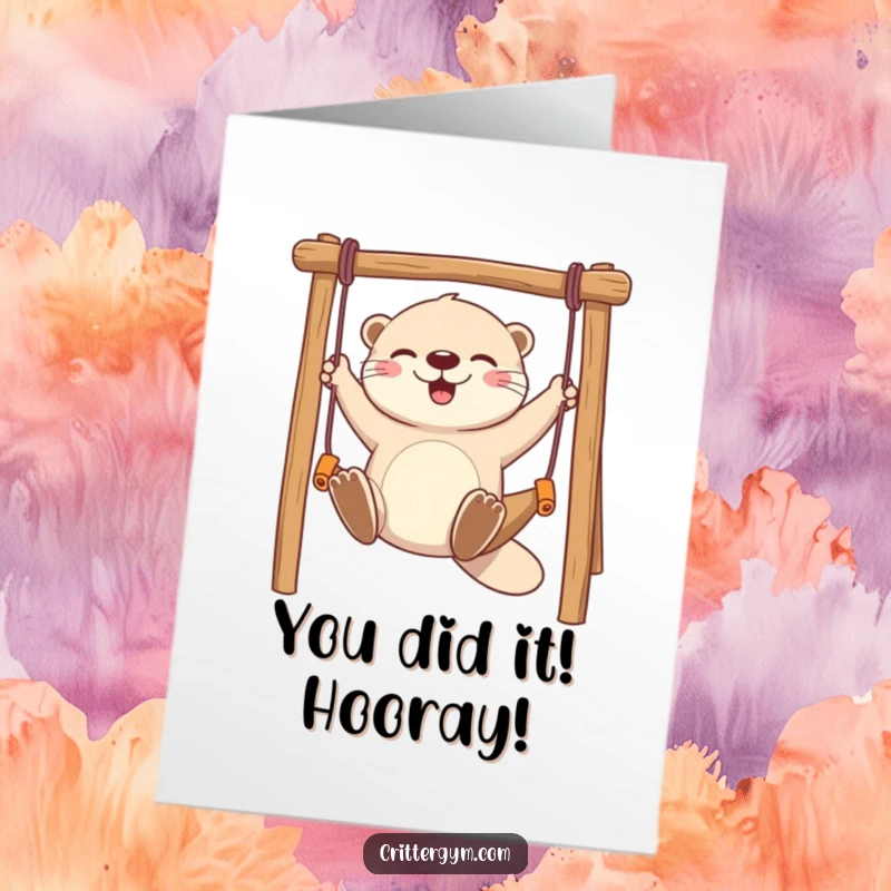 Funny Free Printable Congrats Card: A gleeful otter swings victoriously on a monkey bar, celebrating success.