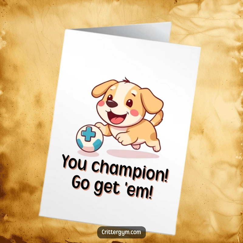 Funny Free Printable Congratulations Card: A happy dog with tongue out joyfully chasing a bouncing medicine ball across a floor.