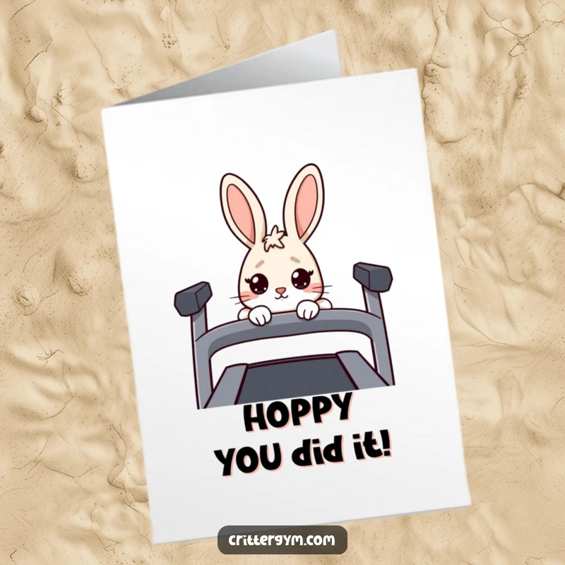 Funny Free Printable Congratulations Card: A nervous rabbit with wide eyes peeking over the edge of a treadmill, looking extremely hesitant.