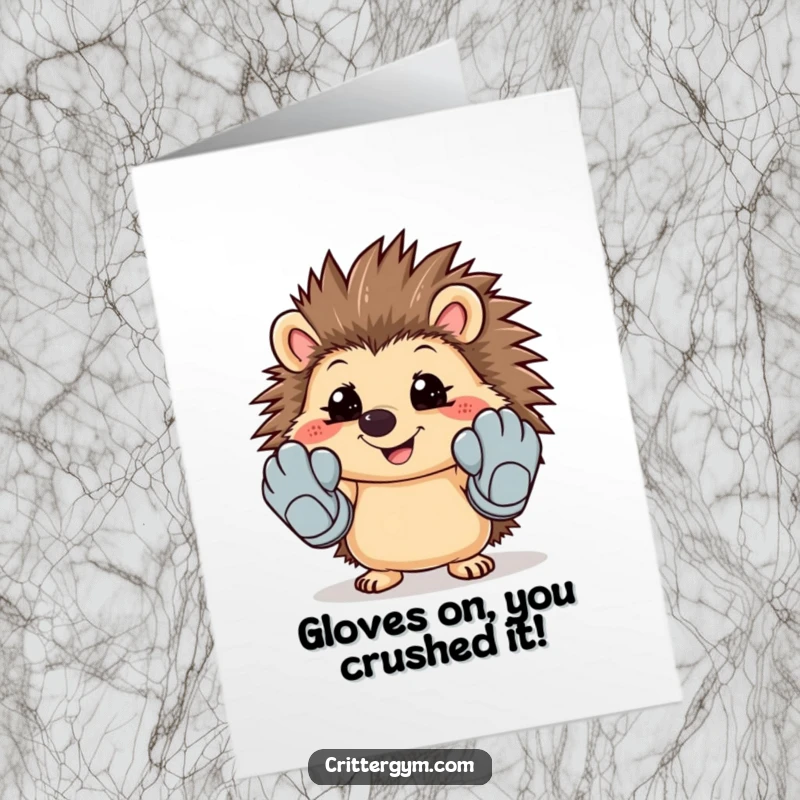 Funny Free Printable Congratulations Card: A smiling hedgehog tries on huge workout gloves, celebrating your achievement.