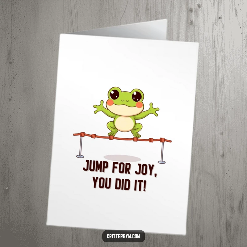 Funny Free Printable Congrats Card: An excited frog leaps over jump ropes, celebrating success with wide-eyed enthusiasm.