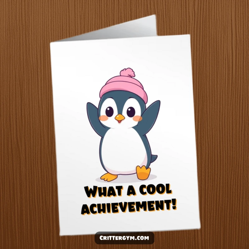 Funny Free Printable Congrats Card: A penguin attempts a handstand, showing surprising concentration and a hint of panic.