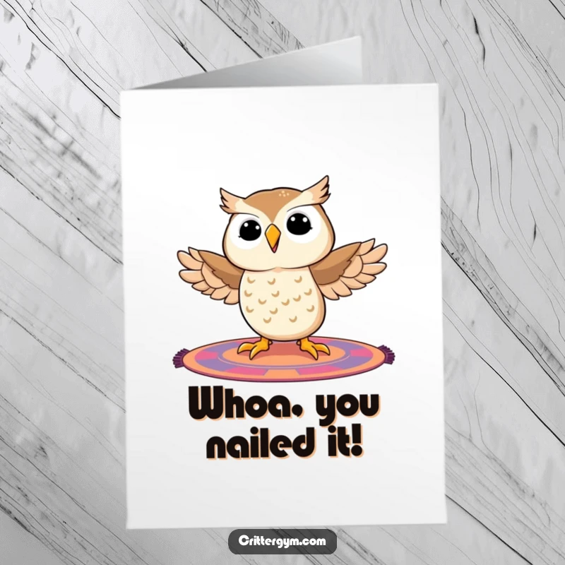 Funny Free Printable Congrats Card: Owl achieving the splits on a mat, celebrating flexibility and success.