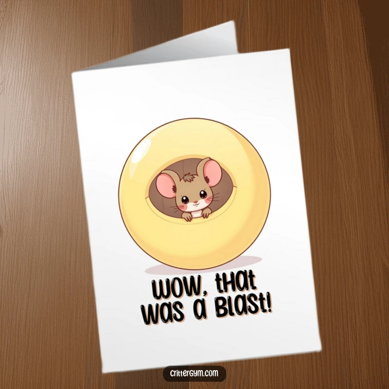 Funny Free Printable Congratulations Card: A curious mouse peeking out from a deflated exercise ball, symbolizing a successful escape or achievement.