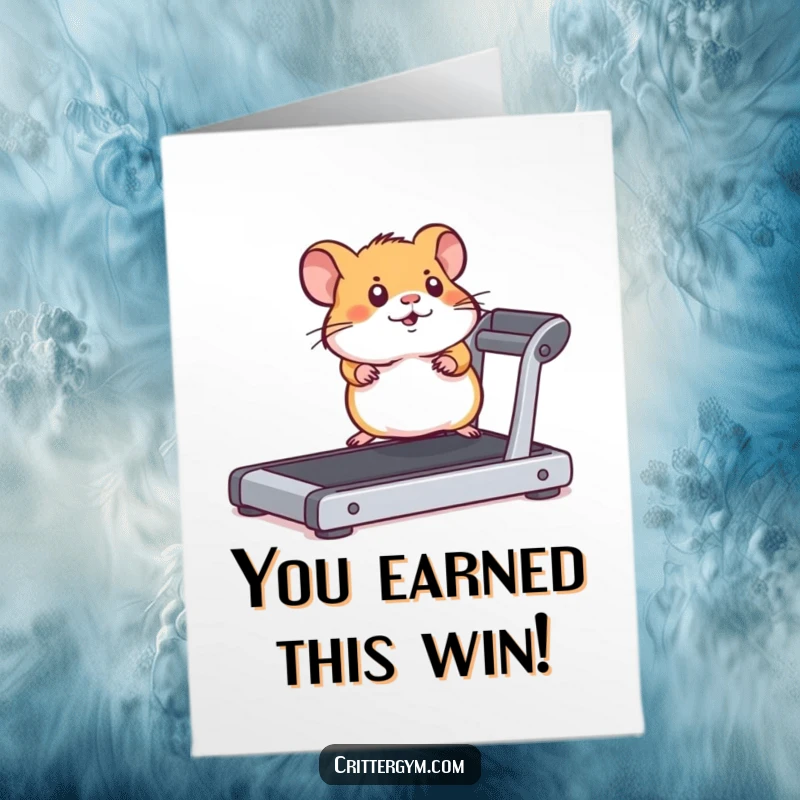 Funny Free Printable Congratulations Card: Hamster running intensely on a treadmill, celebrating a big win.