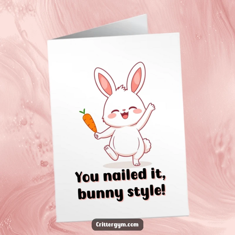 Funny Free Printable Congrats Card: A joyful bunny in a yoga pose, celebrating achievements with a tiny carrot.