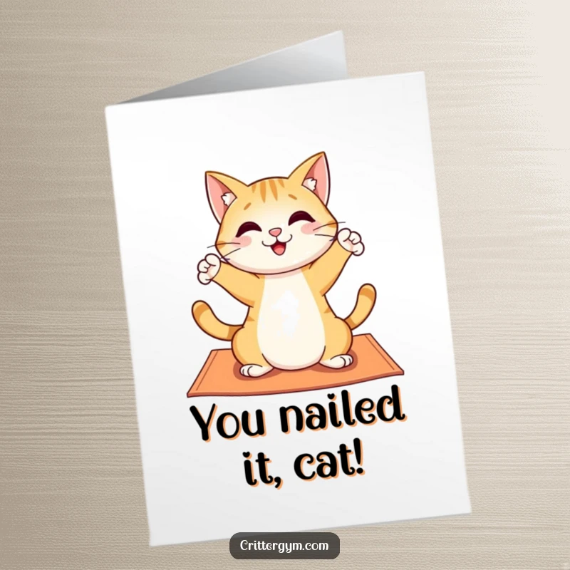 Funny Free Printable Congratulations Card: Joyful cat stretching paws on a yoga mat, celebrating success with humor.