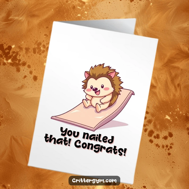 Funny Free Printable Congratulations Card: A happy hedgehog gleefully rolling down a slide on a gym mat, symbolizing an easy and victorious achievement.
