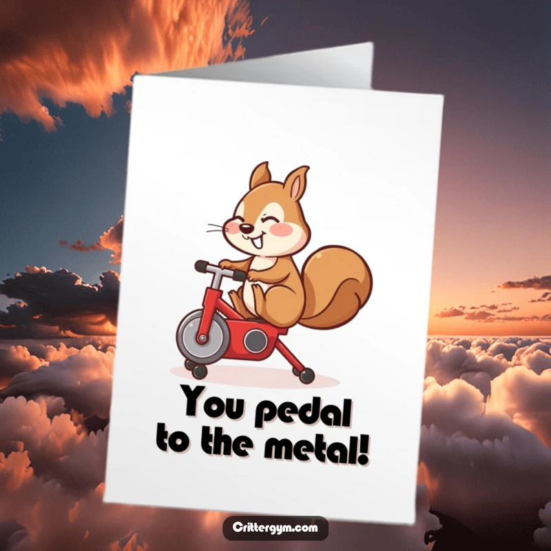 Funny Free Printable Congrats Card: A happy squirrel does a high leg kick on a tiny red stationary bike, symbolizing achievement.