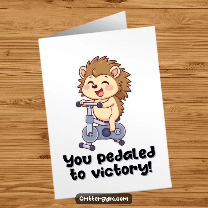 Funny Free Printable Congrats Card: Hedgehog cycling enthusiastically on a miniature exercise bike, celebrating achievement.