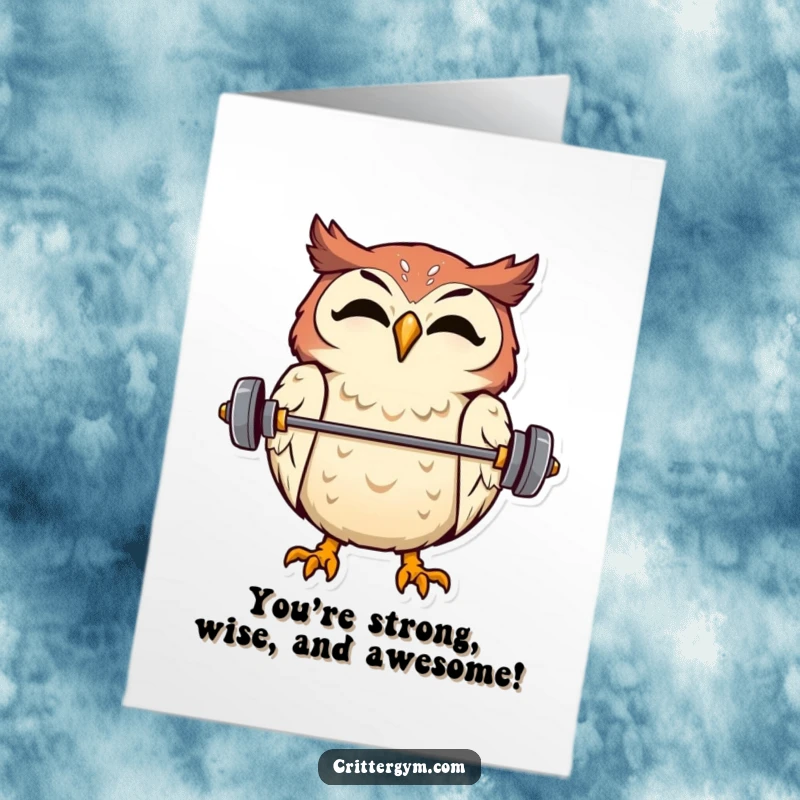 Funny Free Printable Congratulations Card: An overjoyed owl balances a tiny barbell on its beak, celebrating your success.